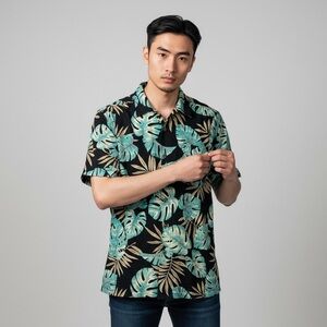 Tori Richard 100% Silk Hawaiian Blue & Black Shirt SZ L